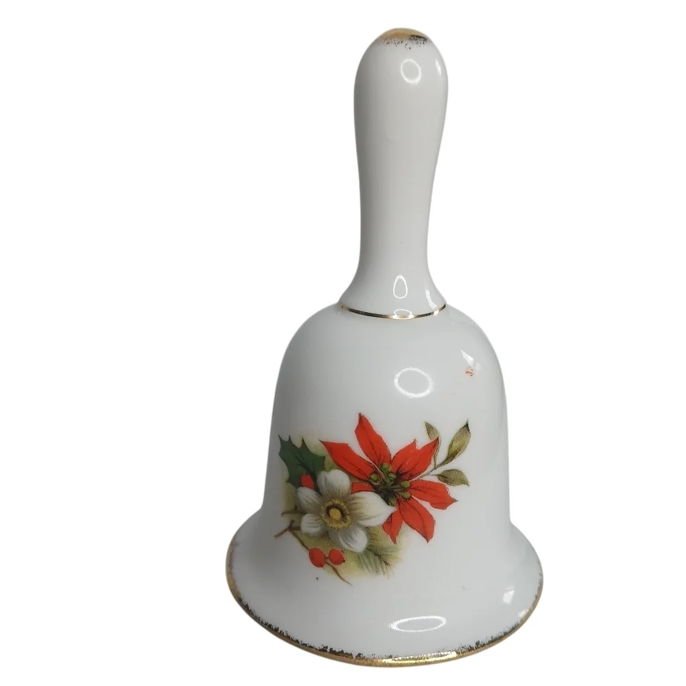 Vintage Festive Holiday Bell Genuine Fine Bone China Poinsettia Taiwan 1960's